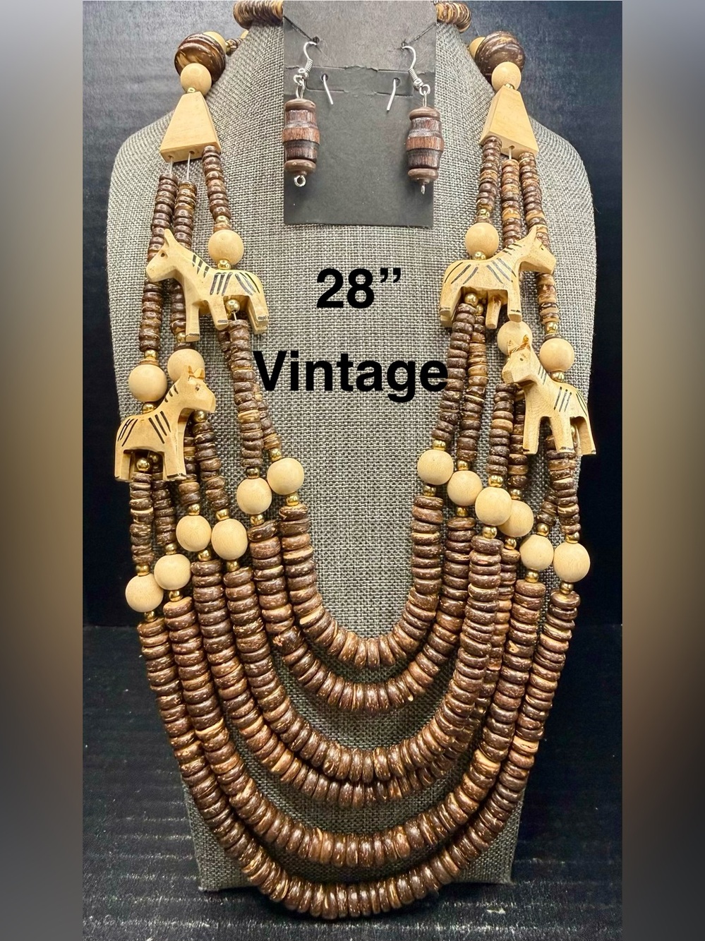 Vintage Multi-Strand Brown Wooden Bead Necklace with Carved Animal Accents